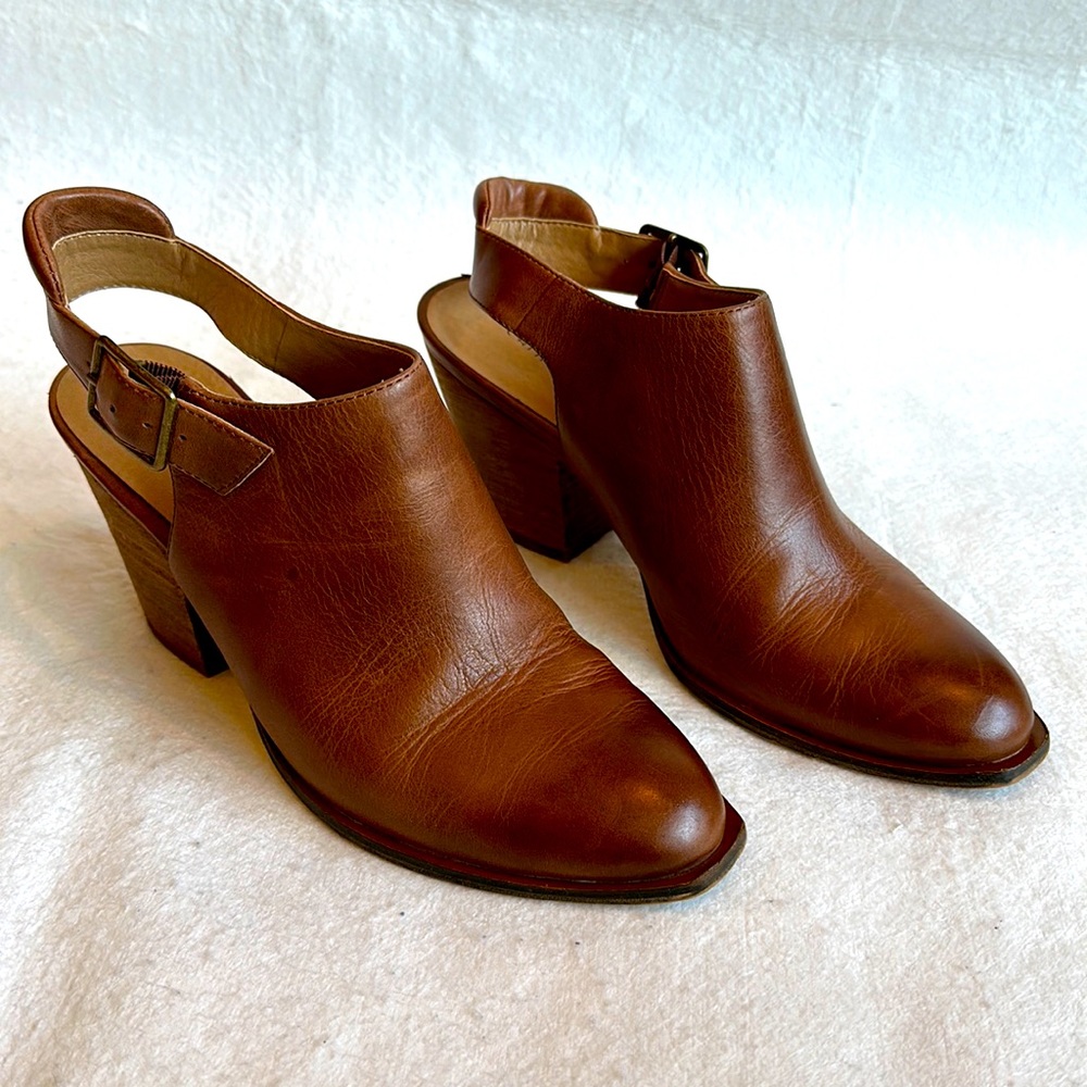 Chinese Laundry Open Heel Brown Leather Booties with buckle strap size 9